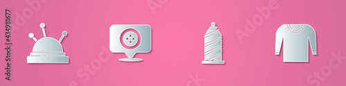Set paper cut Needle bed and needles, Location tailor shop, Sewing thread and Sweater icon. Paper art style. Vector