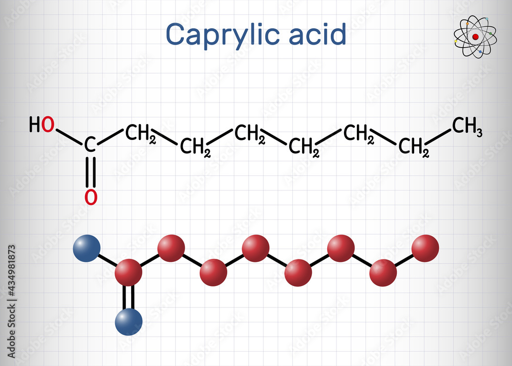 Obraz premium Caprylic acid, octanoic acid molecule. It is straight-chain saturated fatty and carboxylic acid. Salts are octanoates or caprylates. Sheet of paper in a cage