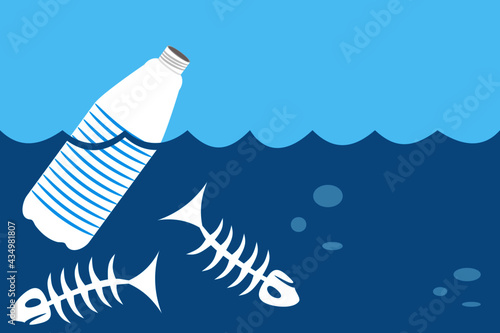 A floating plastic bottle and fish skeleton in the water of ocean or sea, river or lake. Concept illustration of water pollution, ecology issues or environmental protection