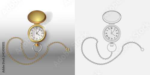 Realistic 3d models of gold pocket watch with chain. Golden classic pocket Watches Poster Design Template. Coloring page and colorful watches. Vector Illustration