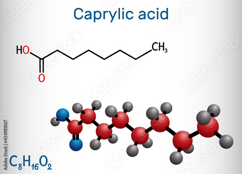 Caprylic acid, octanoic acid  molecule. It is straight-chain saturated fatty and carboxylic acid. Salts are octanoates or caprylates. Structural chemical formula, molecule model