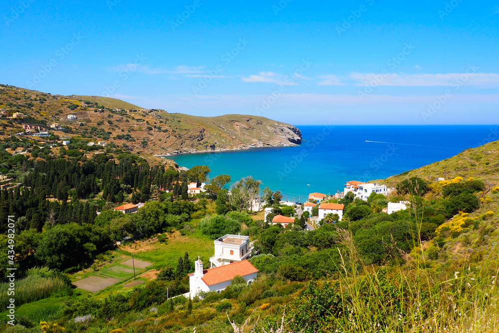 Gialia beach, famous beach near the old town of Chora in Andros, famous Cycladic island in the heart of the Aegean Sea