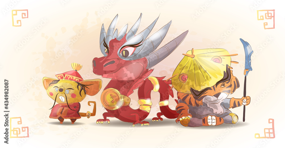 Chinese zodiac animals cartoon set of tiger dragon rat isolated cartoon hand drawn vector illustration Chinese zodiac animals cartoon set of tiger dragon rat isolated cartoon hand drawn vector illustration