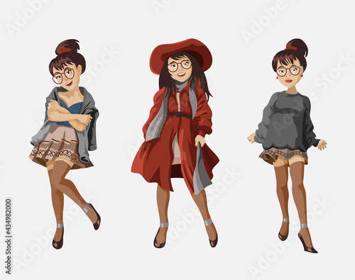 Set of fashion woman in trendy casual clothes.Fashionable girl demonstrate autumn clothing.Bundle of cute girl hipsters or trendsetters.Isolated