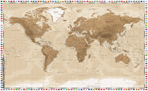 Vintage World Map. Sepia Colors. Flags. Vector