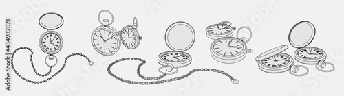 Coloring page set with realistic 3d models of pocket watches. Collection of classic pocket Watches with chain Poster Design Template. Vector Illustration