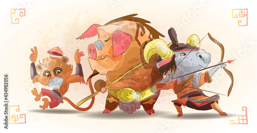 Chinese zodiac animals cartoon characters of monkey pig goat isolated cartoon hand drawn vector illustration