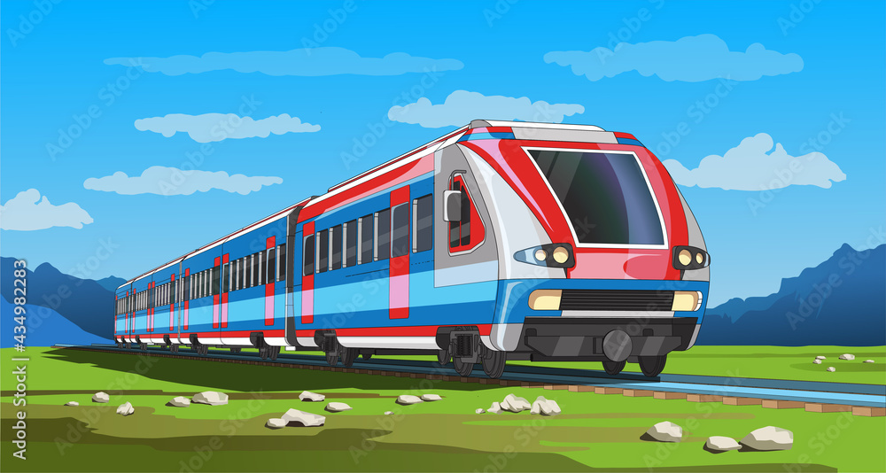 Vector coloful page with 3d model modern high-speed train and bright landscape. Beautiful vector illustration with train travel. Scatch train graphic vector
