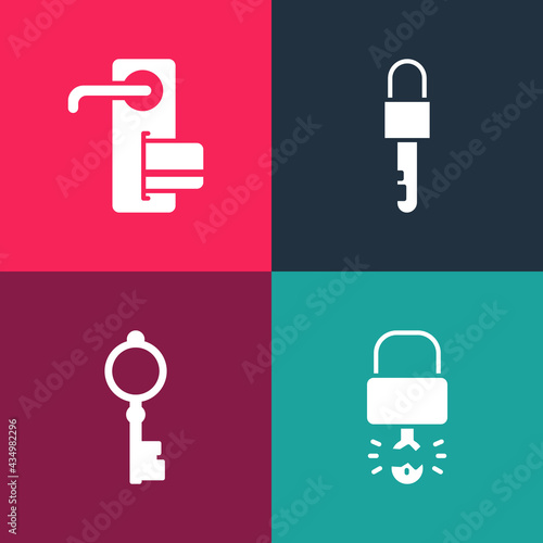 Set pop art Key broke inside of padlock, Old key, Locked and Digital door icon. Vector