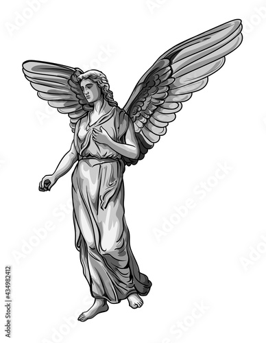 Standing praying Angel girl sculpture with wings. Monochrome illustration of the statue of an angel. Isolated. Vector illustration