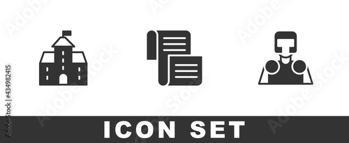 Set Castle, fortress, Decree, parchment, scroll and Medieval knight icon. Vector