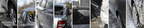 Car wash collage of different car cleaning photos. The process of cleaning the gray car outside at the self-service station. Background banner or wide panoramic photo, car cleaning services.