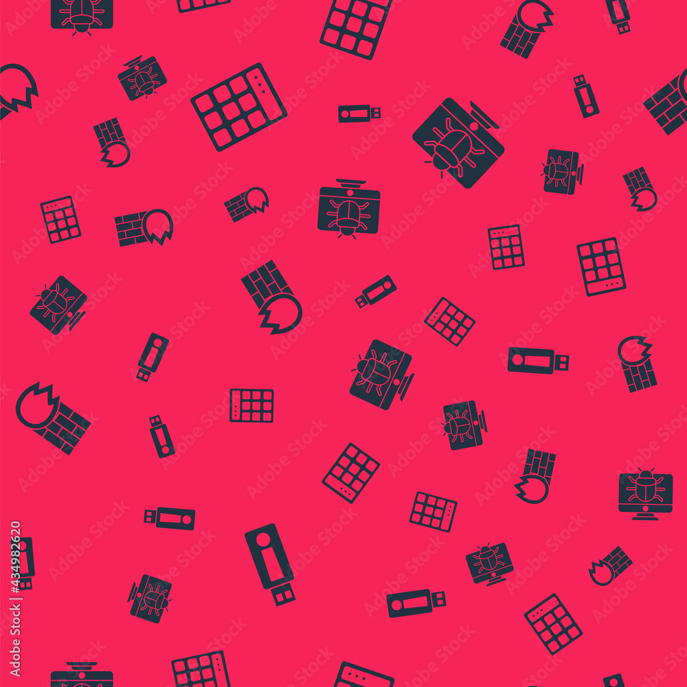 Set USB flash drive, Password protection, Firewall, security wall and System bug monitor on seamless pattern. Vector Set USB flash drive, Password protection, Firewall, security wall and System bug monitor on seamless pattern. Vector