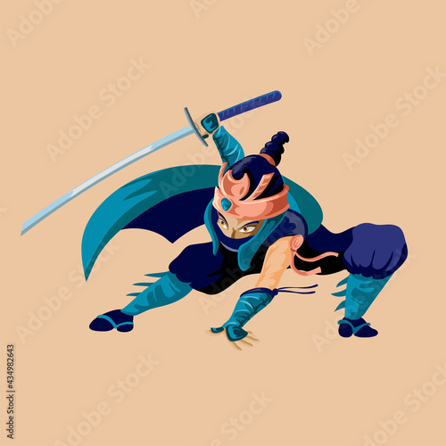 Ancient cartoon warrior fighter soldier and military man in dark blue cloth from various culture such as ninja Chinese or japanese warrior character. Isolated