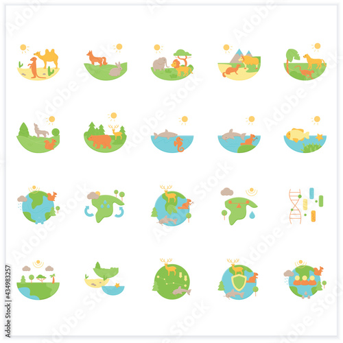 Biodiversity flat icons set. Consists of desert, grassland, tundra, freshwater, rainforest, coral reef, ecosystem icons. Biodiversity concept. 3d vector illustrationsd