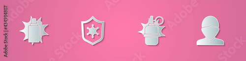 Set paper cut Hand grenade, Police badge, and Vandal icon. Paper art style. Vector