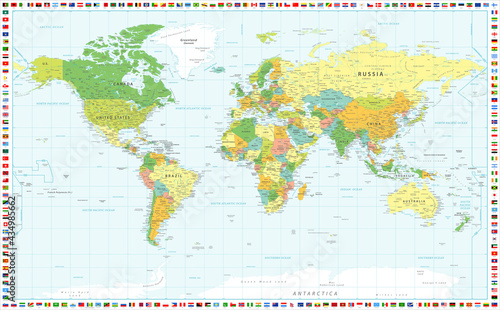 Color World Map - Vector Illustration. Map of the World and Flags