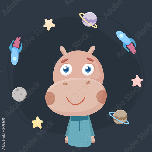 Cute hippo in space. Illustration for the nursery.