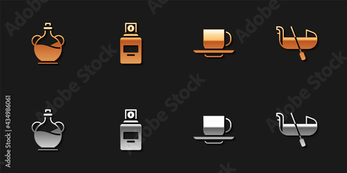 Set Bottle of olive oil, Perfume, Coffee cup and Gondola icon. Vector