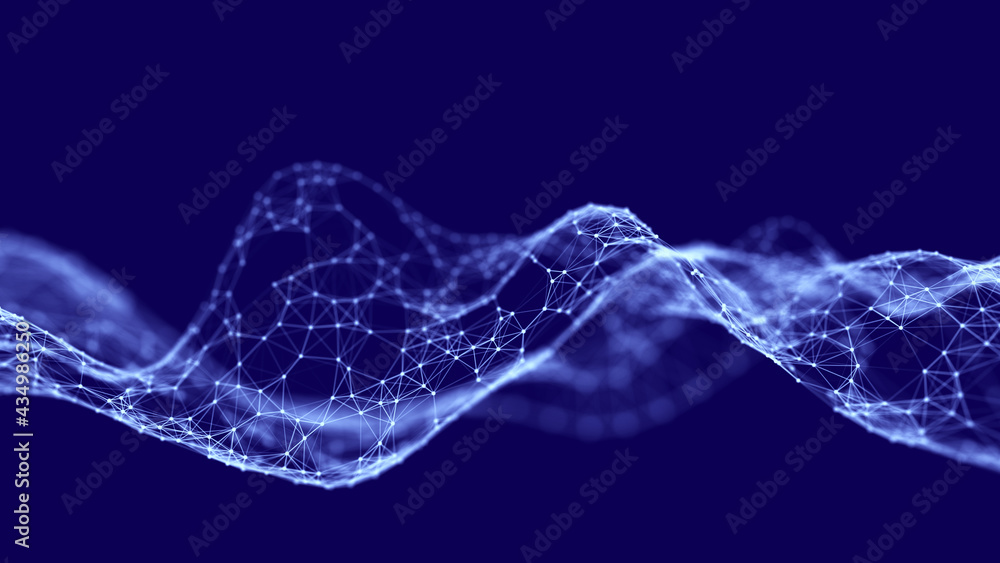 Abstract wave with moving dots and lines. Flow of particles. Cyber technology illustration. 3d rendering Abstract wave with moving dots and lines. Flow of particles. Cyber technology illustration. 3d rendering