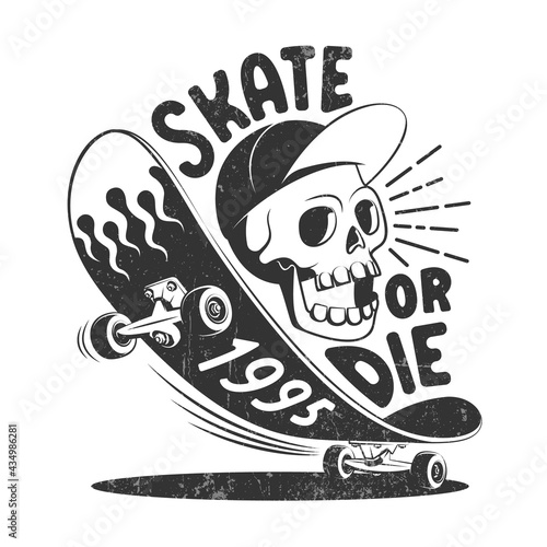 Skate or die retro logo. Skateboard and skull skater t-shirt print. Vector illustration.