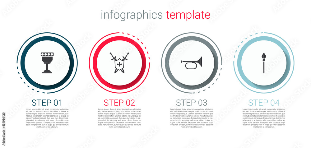 Set Medieval goblet, shield with swords, Trumpet and spear. Business infographic template. Vector Set Medieval goblet, shield with swords, Trumpet and spear. Business infographic template. Vector