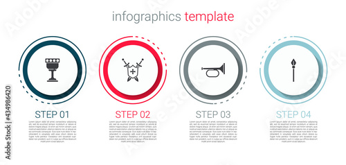 Set Medieval goblet, shield with swords, Trumpet and spear. Business infographic template. Vector
