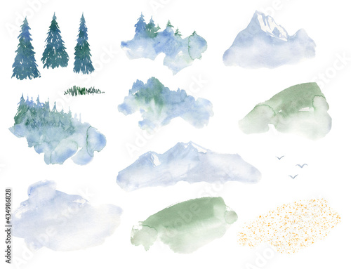 watercolor landscape camping clipart, travel theme clip art, foggy forest, blue mountain, scene creator, landscape elements photo