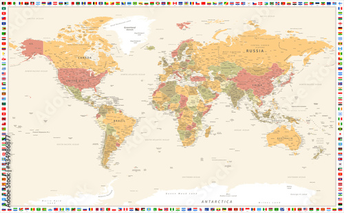 Fototapeta Naklejka Na Ścianę i Meble -  Vector World Map. Vintage. Flags. Countries. Cities. Rivers.