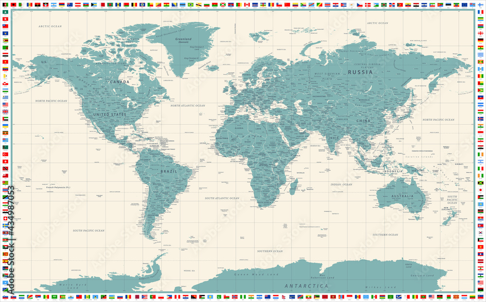 World Map Light Faded Colors. Flags. Stock Vector wall mural
