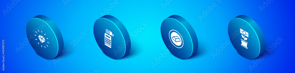 Set Isometric Diamond, Gold bars, Money plant in the pot and Cash register machine icon. Vector Set Isometric Diamond, Gold bars, Money plant in the pot and Cash register machine icon. Vector