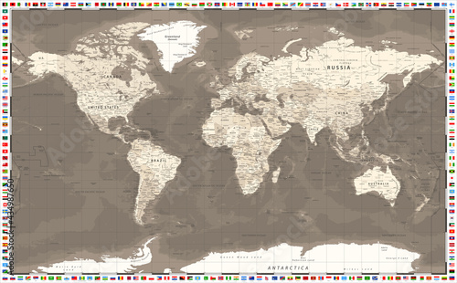 World Map in Brown Shades. And All Flags. Vector Illustration.