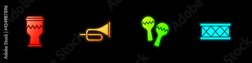 Set Drum, Trumpet, Maracas and icon. Vector