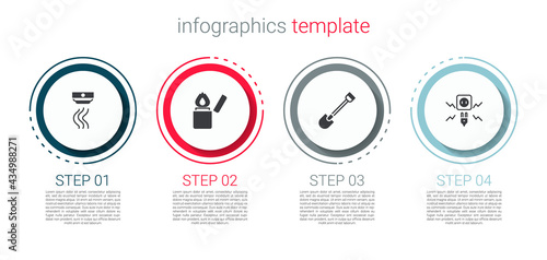 Set Smoke alarm system, Lighter, Fire shovel and Electricity spark. Business infographic template. Vector