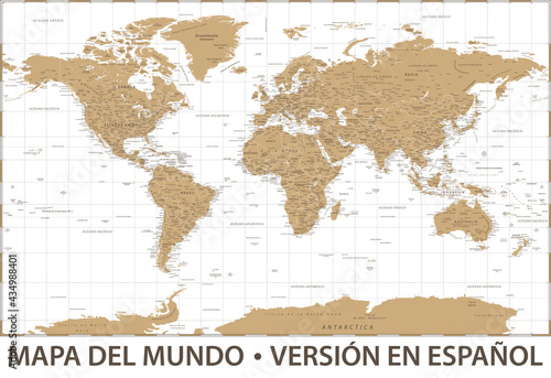 World Map Color Political - Spanish Language Version - Vector Detailed Illustration