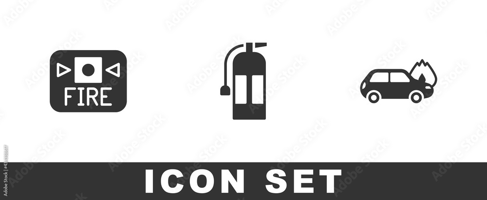Set Fire alarm system, extinguisher and Burning car icon. Vector Set Fire alarm system, extinguisher and Burning car icon. Vector