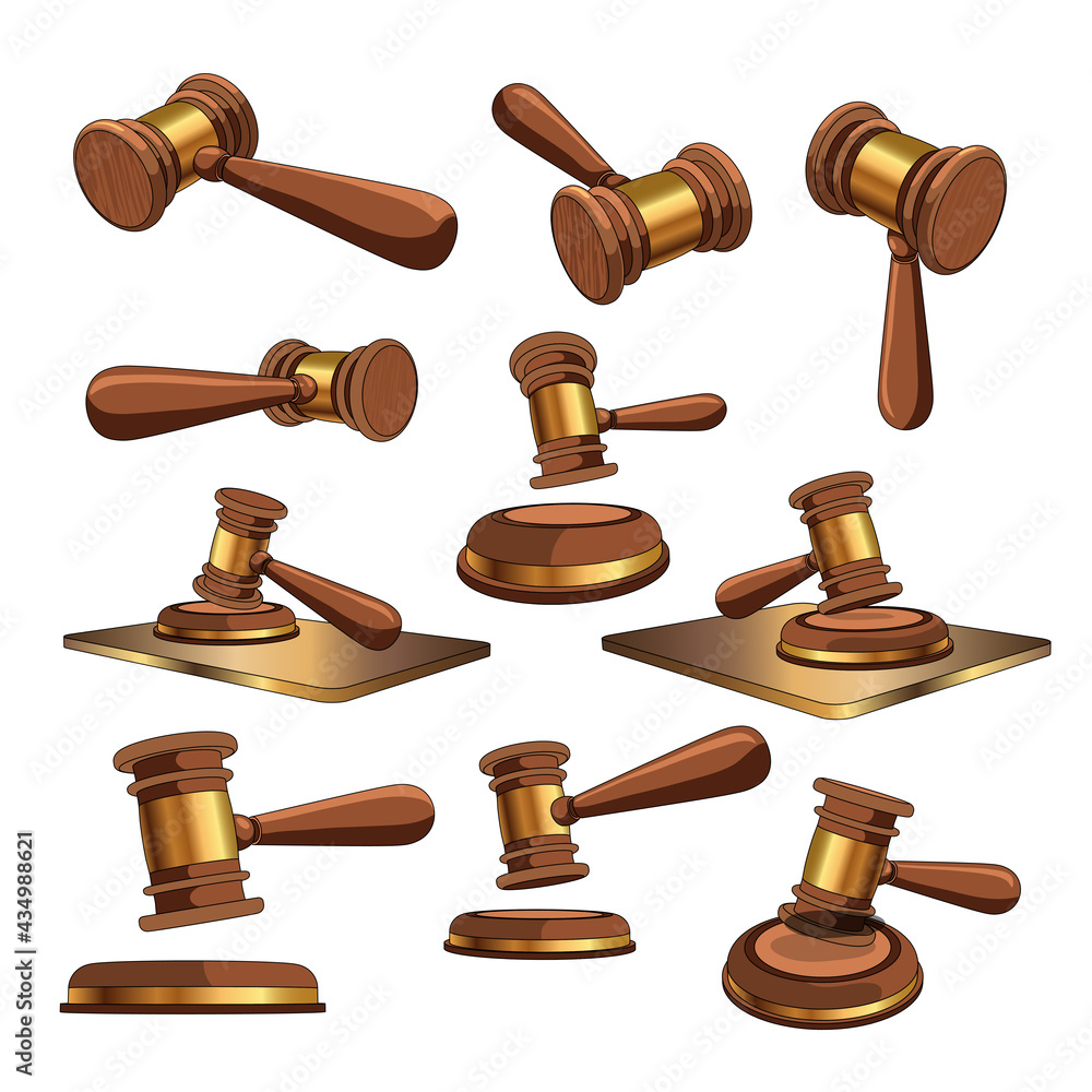 Set with vector illustration of the judge's hammer in different angles