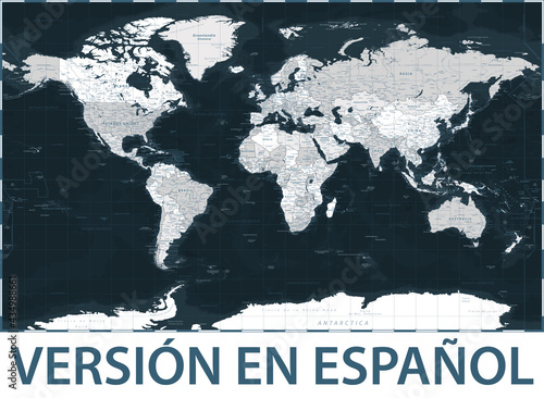 World Map Black - Spanish Language Version - Vector Detailed Illustration