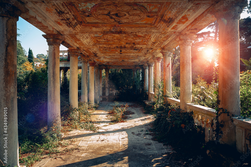 Abandoned ancient ruins with columns Railway station overgrown by plants Abandoned ancient ruins with columns Railway station overgrown by plants