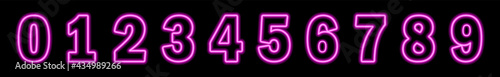 Set of neon pink numbers on black background. Learning numbers, serial number, price, place. Symbol collection. Figures