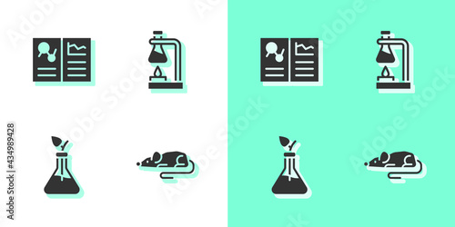 Set Experimental mouse, Clinical record, Plant breeding and Test tube flask on fire icon. Vector