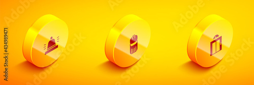Set Isometric Hotel service bell, Trash can and Lift icon. Vector