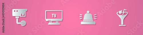 Set paper cut Security camera, Smart Tv, Hotel service bell and Martini glass icon. Paper art style. Vector