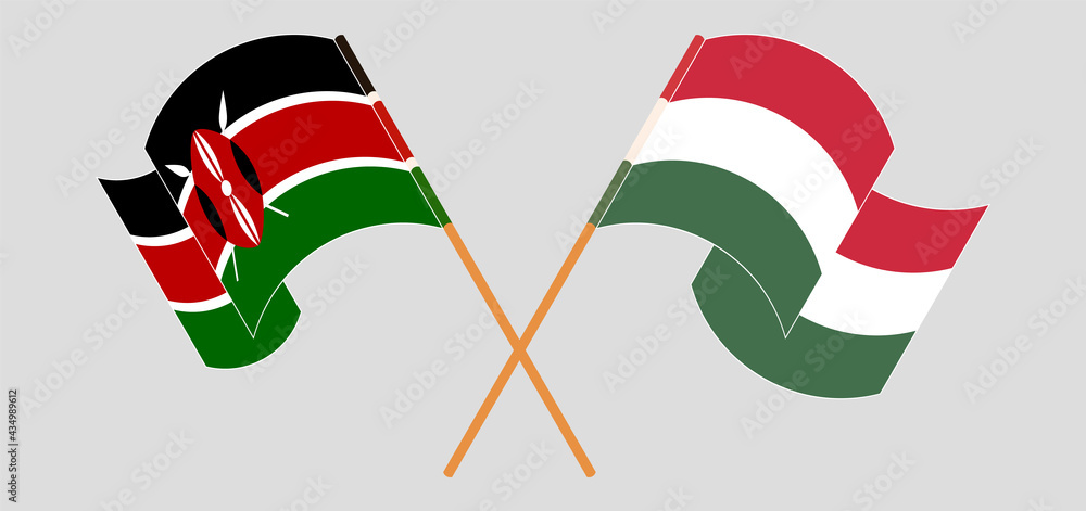Crossed and waving flags of Kenya and Hungary Crossed and waving flags of Kenya and Hungary