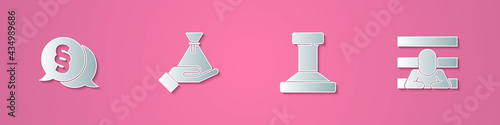Set paper cut Law, Bribe money bag, Stamp and Prisoner icon. Paper art style. Vector