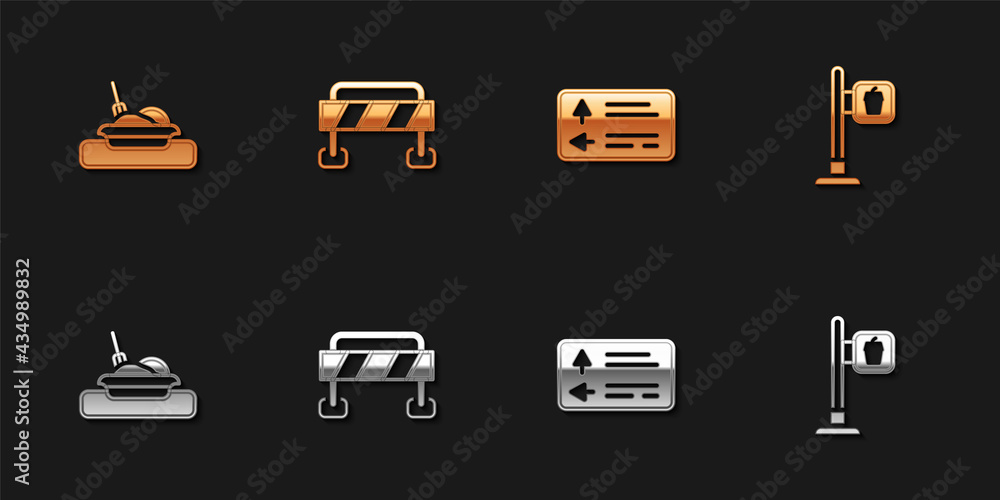 Set Plate with food, Road barrier, traffic signpost and Cafe and restaurant location icon. Vector Set Plate with food, Road barrier, traffic signpost and Cafe and restaurant location icon. Vector