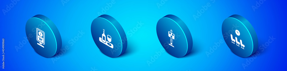 Set Isometric Information stand, Train traffic light, Waiting room and Wine bottle with glass icon. Vector Set Isometric Information stand, Train traffic light, Waiting room and Wine bottle with glass icon. Vector