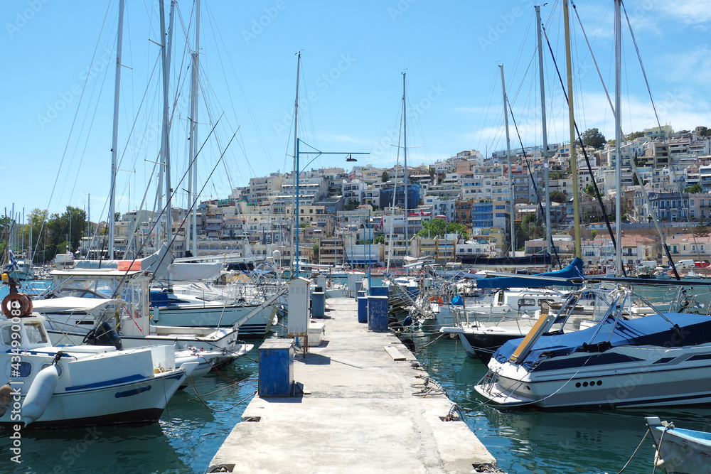 Beautiful round port of Mikrolimano in the heart of Piraeus during renovation works, Attica, Greece