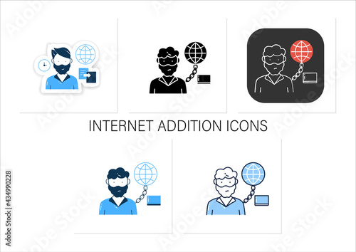 Internet addition icons set.Excessive or poorly controlled dependency regarding computer use and internet. Collection of icons in linear, filled, color styles. Isolated vector illustrations