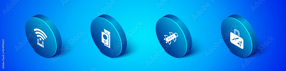 Set Isometric Router and wi-fi signal, Rocket, Suitcase and Passport with ticket icon. Vector Set Isometric Router and wi-fi signal, Rocket, Suitcase and Passport with ticket icon. Vector